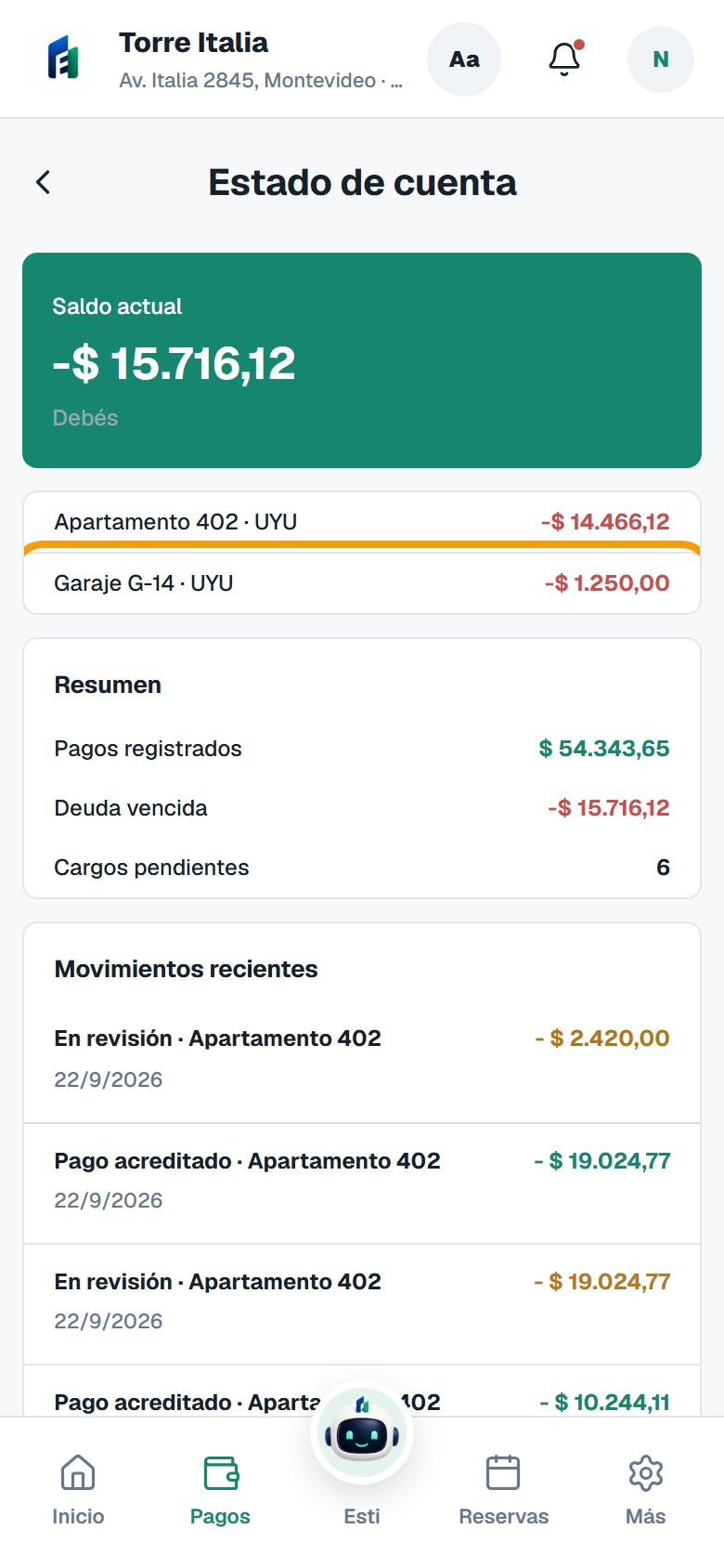 Estado de cuenta, pagos registrados y movimientos recientes en Estaria