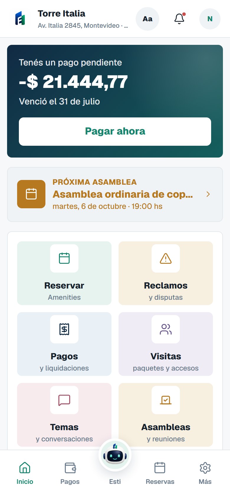 Inicio de Estaria con pagos pendientes, reservas, reclamos, visitas y asambleas